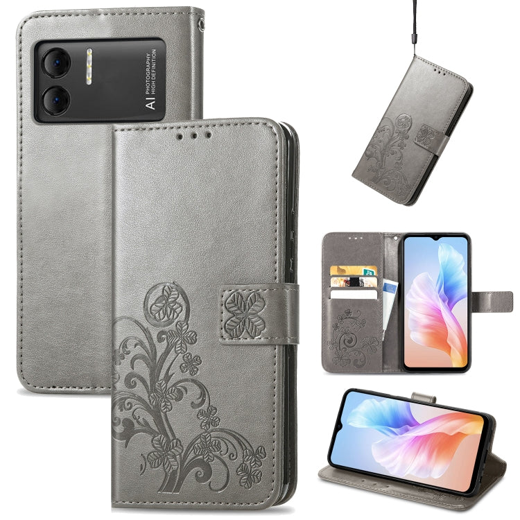 For DOOGEE X98 Pro / X98 Four-leaf Clasp Embossed Buckle Leather Phone Case(Grey) - Doogee Cases by PMC TechLife | Online Shopping South Africa | PMC TechLife | Buy Now Pay Later Mobicred