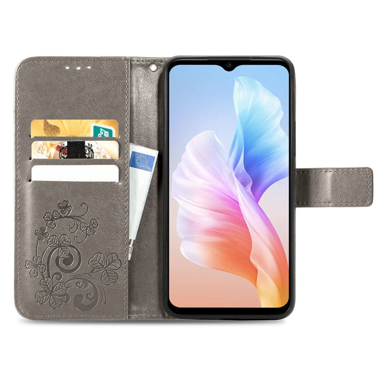 For DOOGEE X98 Pro / X98 Four-leaf Clasp Embossed Buckle Leather Phone Case(Grey) - Doogee Cases by PMC TechLife | Online Shopping South Africa | PMC TechLife | Buy Now Pay Later Mobicred