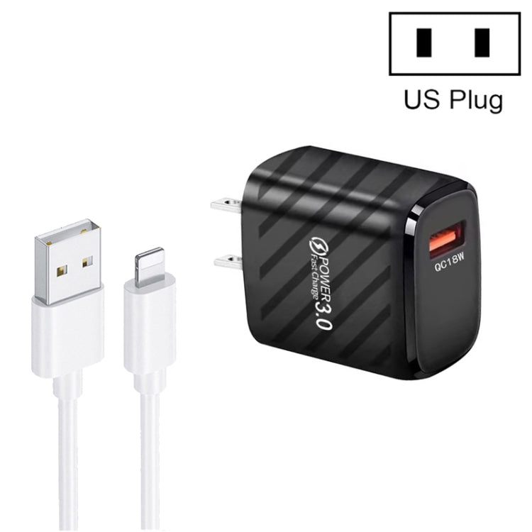 TE-005 QC3.0 18W USB Fast Charger with 1m 3A USB to 8 Pin Cable, US Plug(Black) - USB Charger by PMC Jewellery | Online Shopping South Africa | PMC Jewellery | Buy Now Pay Later Mobicred