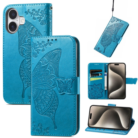 For iPhone 16 Butterfly Love Flower Embossed Leather Phone Case(Blue) - iPhone 16 Cases by PMC Jewellery | Online Shopping South Africa | PMC Jewellery | Buy Now Pay Later Mobicred