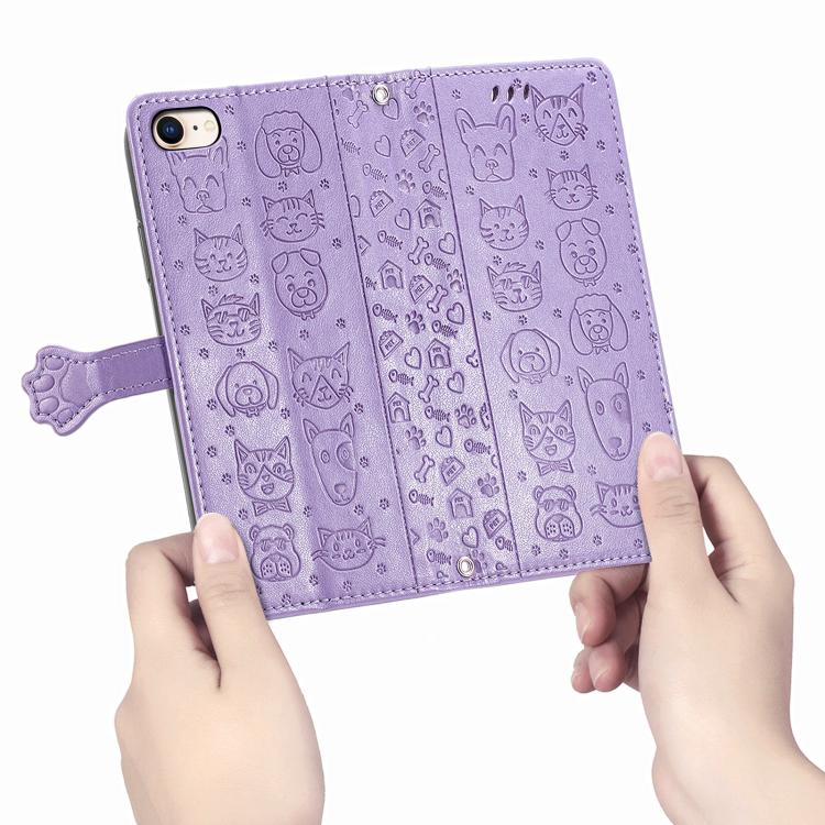 For iPhone 16e Cat and Dog Embossed Leather Phone Case(Purple) - iPhone 16e Cases by PMC TechLife | Online Shopping South Africa | PMC TechLife | Buy Now Pay Later Mobicred