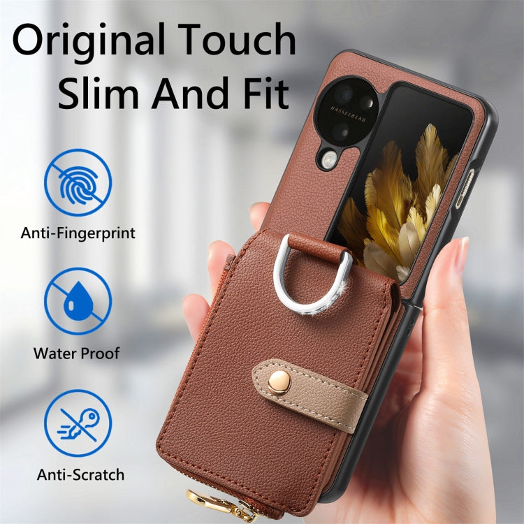 For OPPO Find N3 Flip Vertical Flip Zipper Wallet Ring Leather Phone Case(Brown) - Find N3 Flip Cases by PMC TechLife | Online Shopping South Africa | PMC TechLife