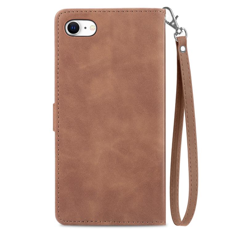 For iPhone 16e Embossed Flower Zipper Leather Phone Case(Brown) - iPhone 16e Cases by PMC TechLife | Online Shopping South Africa | PMC TechLife | Buy Now Pay Later Mobicred