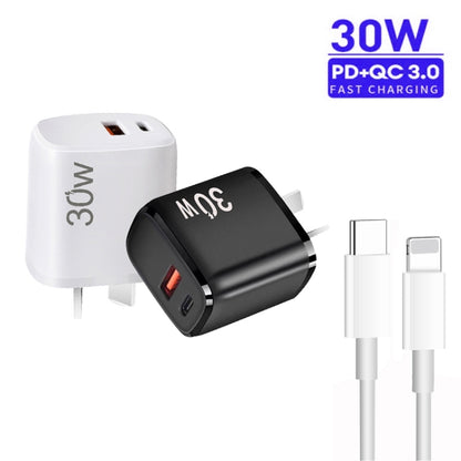 PD30W USB-C / Type-C + QC3.0 USB Charger with 1m Type-C to 8 Pin Data Cable, AU Plug(White) - USB Charger by PMC Jewellery | Online Shopping South Africa | PMC Jewellery | Buy Now Pay Later Mobicred