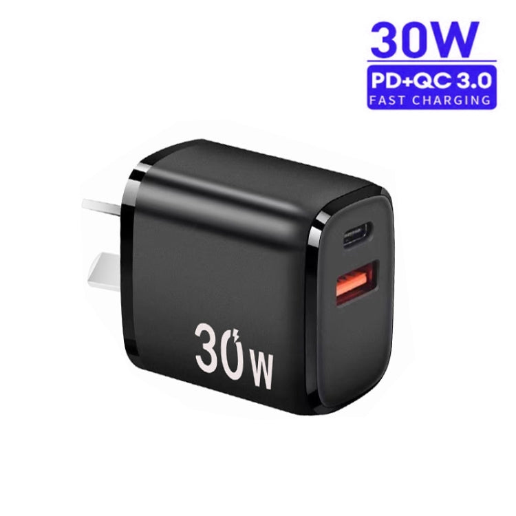 PD30W USB-C / Type-C + QC3.0 USB Charger with 1m USB to 8 Pin Data Cable, AU Plug(Black) - USB Charger by PMC Jewellery | Online Shopping South Africa | PMC Jewellery | Buy Now Pay Later Mobicred