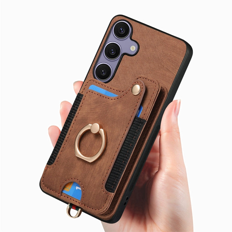 For Samsung Galaxy S25 5G Retro Skin-feel Ring Multi-card Wallet Phone Case(Brown) - Galaxy S25 5G Cases by PMC Jewellery | Online Shopping South Africa | PMC Jewellery | Buy Now Pay Later Mobicred