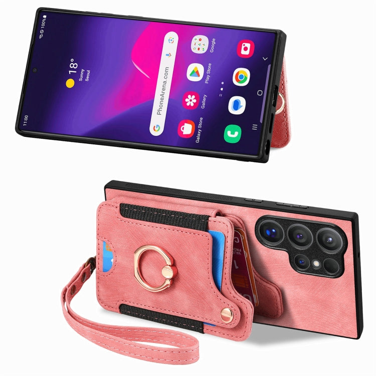 For Samsung Galaxy S25 Ultra 5G Retro Skin-feel Ring Multi-card Wallet Phone Case(Pink) - Galaxy S25 Ultra 5G Cases by PMC Jewellery | Online Shopping South Africa | PMC Jewellery | Buy Now Pay Later Mobicred