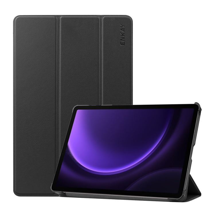 For Samsung Galaxy Tab S9 FE ENKAY Tri-fold Custer Texture Leather Smart Tablet Case(Black) - free shipping - PMC Jewellery - Order now!