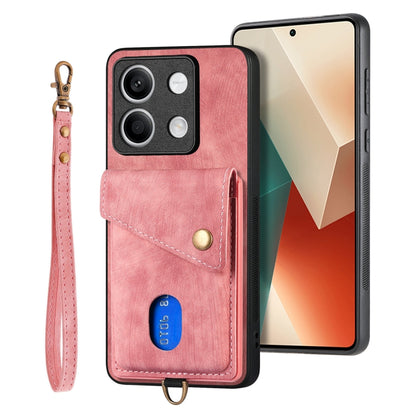 For Xiaomi Redmi Note 13 5G Retro Card Wallet Fold Leather Phone Case with Strap(Pink) - Note 13 Cases by PMC Jewellery | Online Shopping South Africa | PMC Jewellery | Buy Now Pay Later Mobicred