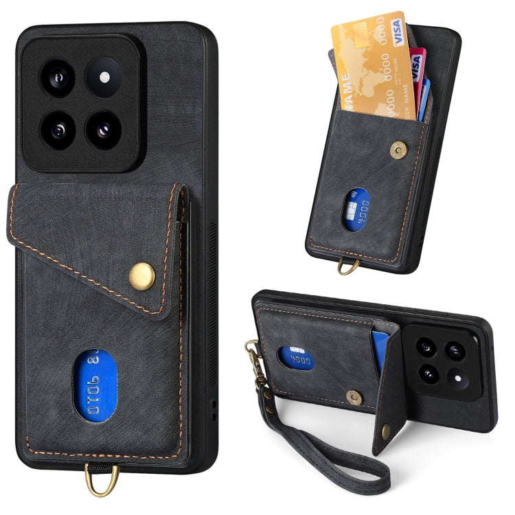 For Xiaomi 14 Pro Retro Card Wallet Fold Leather Phone Case with Strap(Black) - 14 Pro Cases by PMC Jewellery | Online Shopping South Africa | PMC Jewellery | Buy Now Pay Later Mobicred