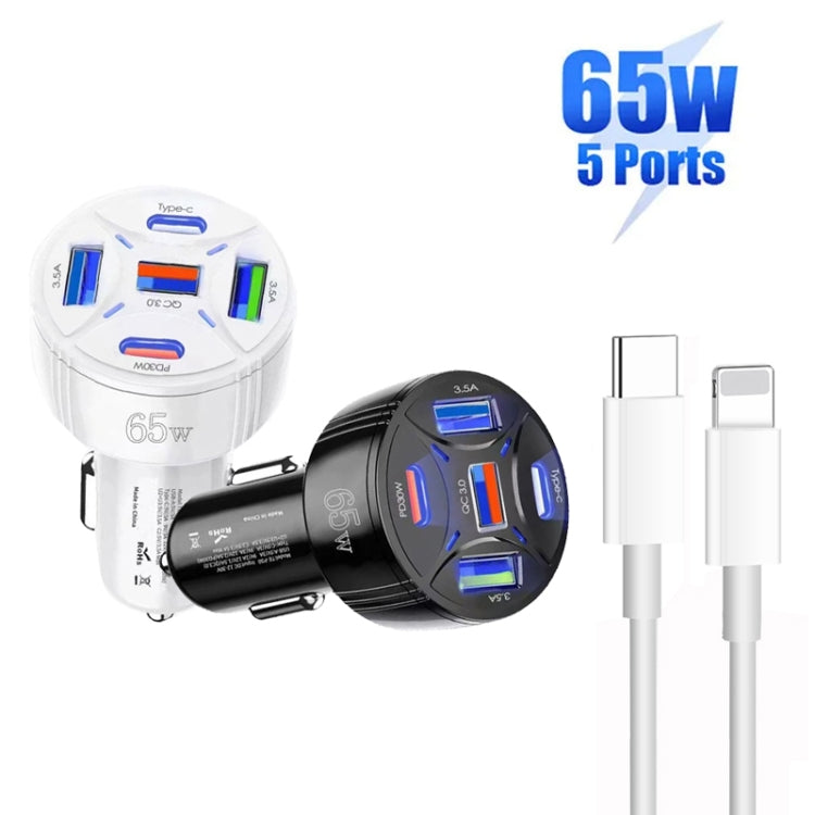 TE-P50 65W PD30W Type-C x 2 + USB x 3 Multi Port Car Charger with 1m Type-C to 8 Pin Data Cable(White) - Car Charger by PMC TechLife | Online Shopping South Africa | PMC TechLife | Buy Now Pay Later Mobicred