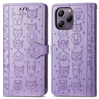 For Blackview A96 Cat and Dog Embossed Leather Phone Case(Purple) - More Brand by PMC Jewellery | Online Shopping South Africa | PMC Jewellery