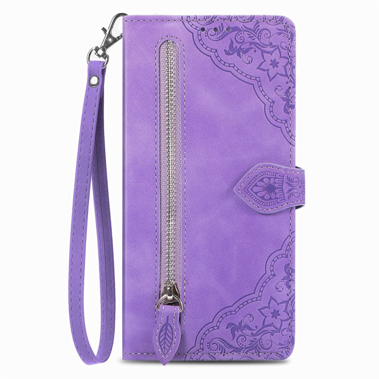 For Blackview A200 Pro Embossed Flower Zipper Leather Phone Case(Purple) - More Brand by PMC TechLife | Online Shopping South Africa | PMC TechLife