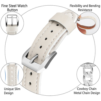 For Apple Watch Series 5 40mm Rhinestone Denim Chain Leather Watch Band(Beige) - Watch Bands by PMC Jewellery | Online Shopping South Africa | PMC Jewellery