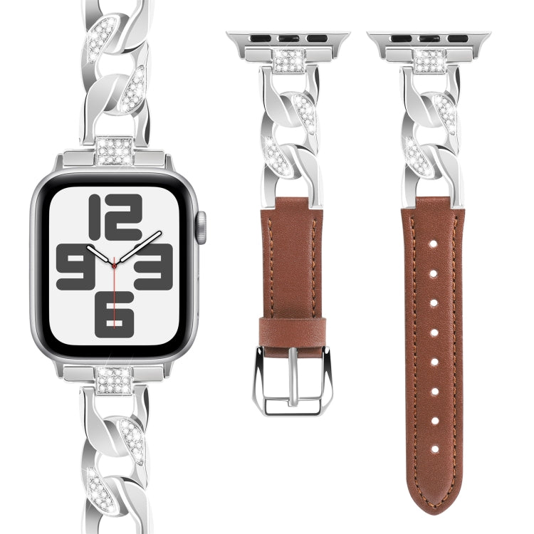 For Apple Watch Series 5 40mm Rhinestone Denim Chain Leather Watch Band(Brown) - Watch Bands by PMC Jewellery | Online Shopping South Africa | PMC Jewellery