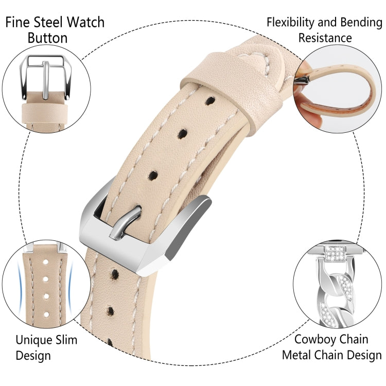 For Apple Watch Series 4 40mm Rhinestone Denim Chain Leather Watch Band(Apricot) - Watch Bands by PMC Jewellery | Online Shopping South Africa | PMC Jewellery