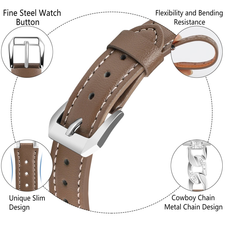 For Apple Watch Series 3 42mm Rhinestone Denim Chain Leather Watch Band(Dark Brown) - Watch Bands by PMC Jewellery | Online Shopping South Africa | PMC Jewellery