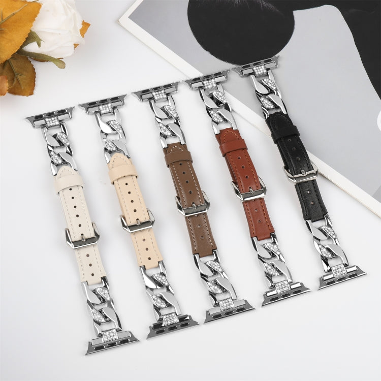 For Apple Watch Series 5 44mm Rhinestone Denim Chain Leather Watch Band(Brown) - Watch Bands by PMC Jewellery | Online Shopping South Africa | PMC Jewellery