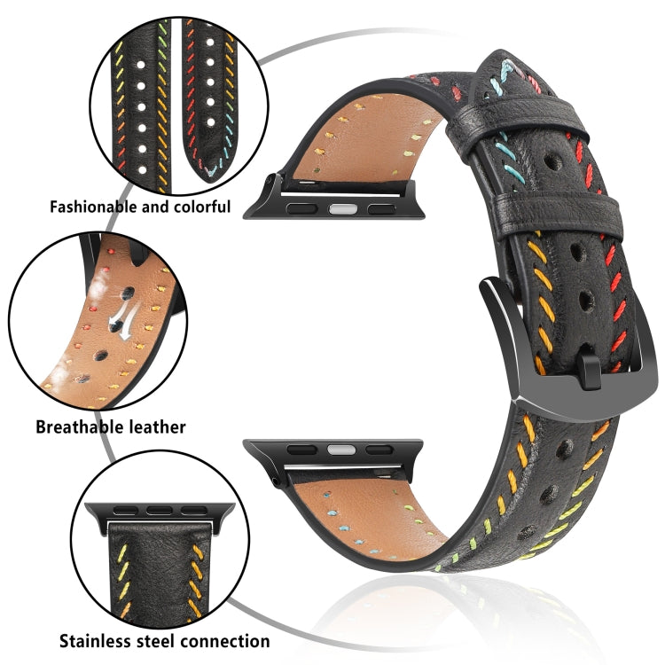 For Apple Watch Ultra 2 49mm Colorful Sewing Thread Leather Watch Band(Black) - Watch Bands by PMC Jewellery | Online Shopping South Africa | PMC Jewellery