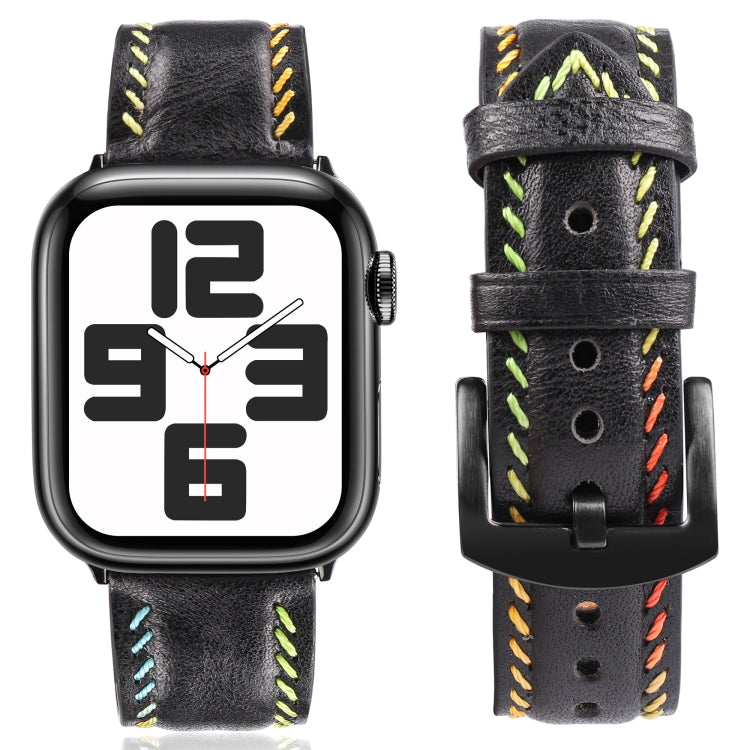 For Apple Watch Series 9 45mm Colorful Sewing Thread Leather Watch Band(Black) - Watch Bands by PMC TechLife | Online Shopping South Africa | PMC TechLife | Buy Now Pay Later Mobicred