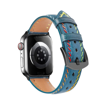 For Apple Watch Ultra 49mm Colorful Sewing Thread Leather Watch Band(Blue) - Watch Bands by PMC Jewellery | Online Shopping South Africa | PMC Jewellery