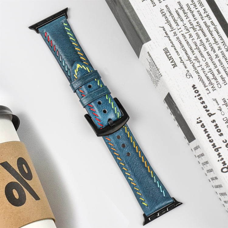 For Apple Watch Ultra 49mm Colorful Sewing Thread Leather Watch Band(Blue) - Watch Bands by PMC TechLife | Online Shopping South Africa | PMC TechLife