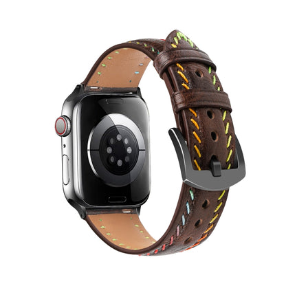 For Apple Watch Series 7 45mm Colorful Sewing Thread Leather Watch Band(Dark Brown) - Watch Bands by PMC Jewellery | Online Shopping South Africa | PMC Jewellery