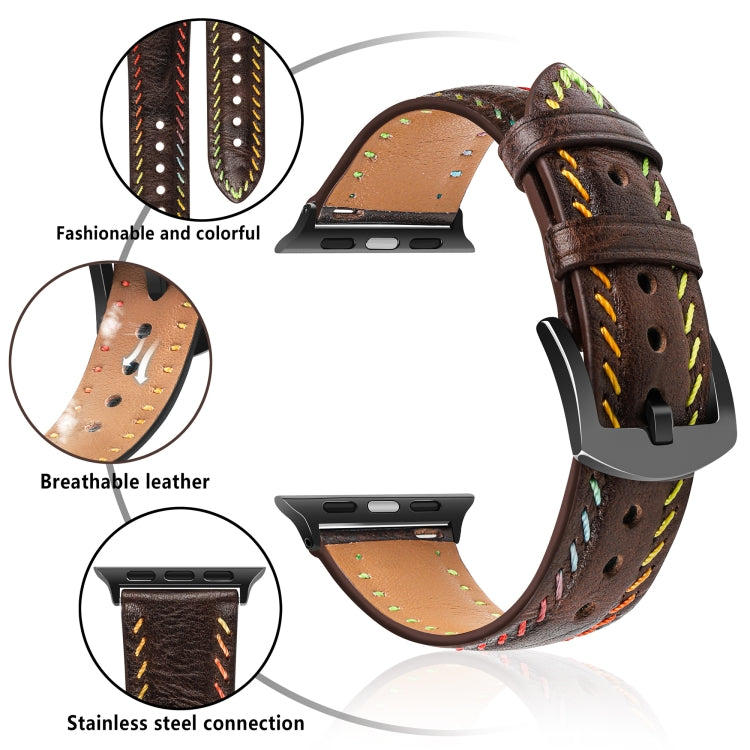 For Apple Watch Series 7 45mm Colorful Sewing Thread Leather Watch Band(Dark Brown) - Watch Bands by PMC Jewellery | Online Shopping South Africa | PMC Jewellery