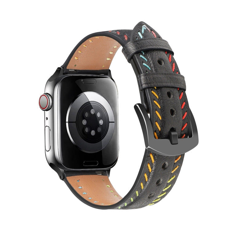 For  Apple Watch Series 5 44mm Colorful Sewing Thread Leather Watch Band(Black) - free shipping - PMC TechLife - Order now!