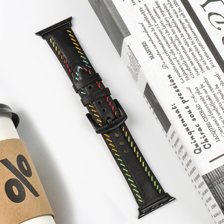 For  Apple Watch Series 5 40mm Colorful Sewing Thread Leather Watch Band(Black) - Watch Bands by PMC TechLife | Online Shopping South Africa | PMC TechLife