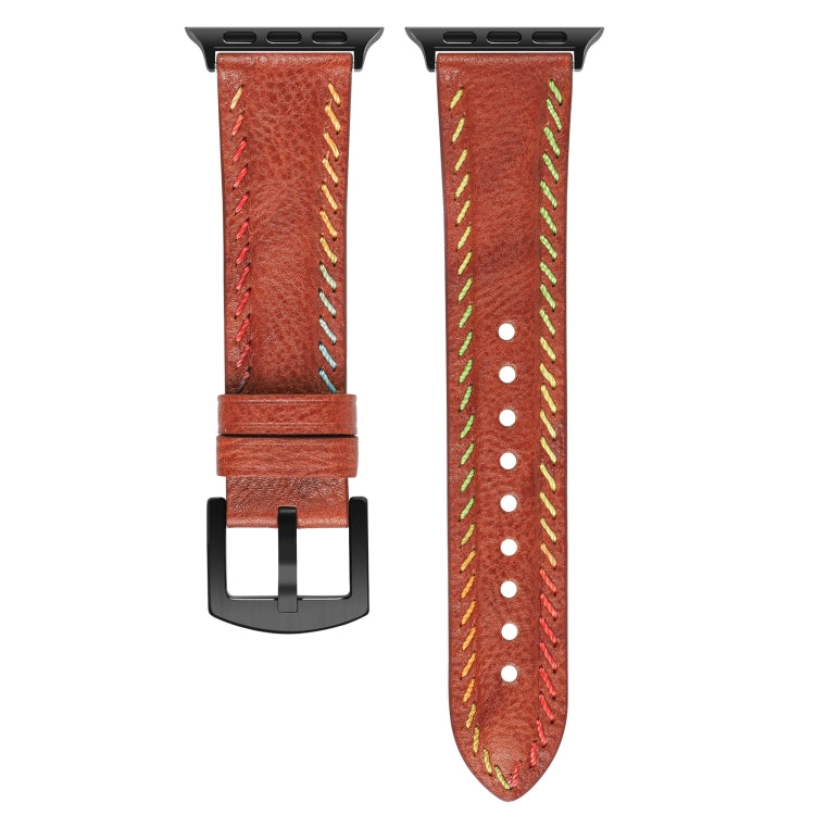 For Apple Watch Series 3 38mm Colorful Sewing Thread Leather Watch Band(Brown) - Watch Bands by PMC Jewellery | Online Shopping South Africa | PMC Jewellery