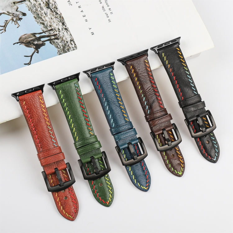 For Apple Watch Series 8 45mm Colorful Sewing Thread Leather Watch Band(Green) - Watch Bands by PMC Jewellery | Online Shopping South Africa | PMC Jewellery