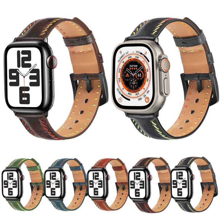 For Apple Watch Series 6 44mm Colorful Sewing Thread Leather Watch Band(Dark Brown) - Watch Bands by PMC Jewellery | Online Shopping South Africa | PMC Jewellery