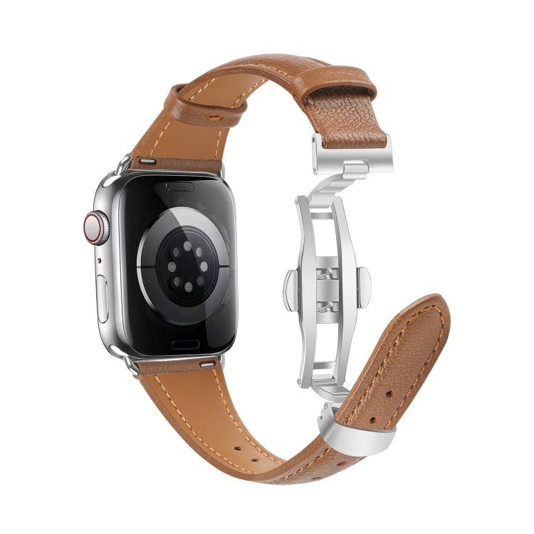 For Apple Watch Series 9 45mm Plain Leather Butterfly Buckle Watch Band(Dark Brown+Silver) - free shipping - PMC TechLife - Order now!