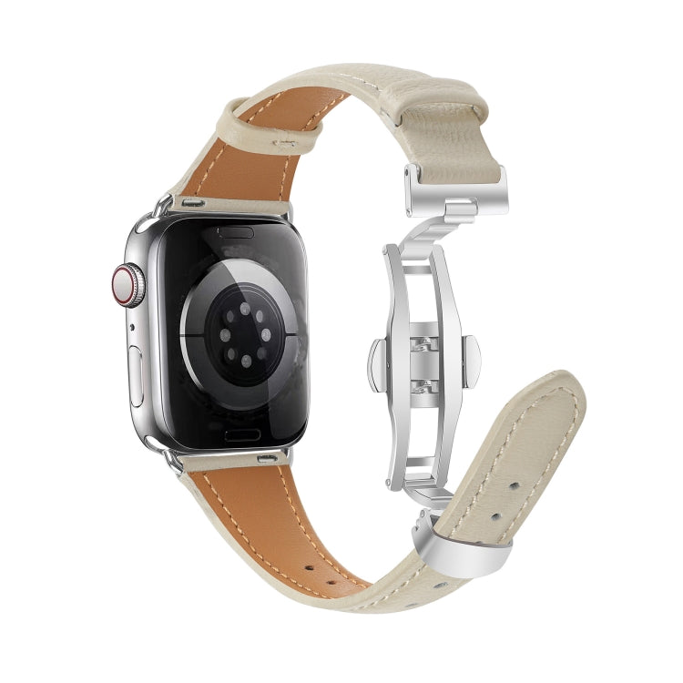 For Apple Watch Series 9 41mm Plain Leather Butterfly Buckle Watch Band(Beige+Silver) - free shipping - PMC TechLife - Order now!
