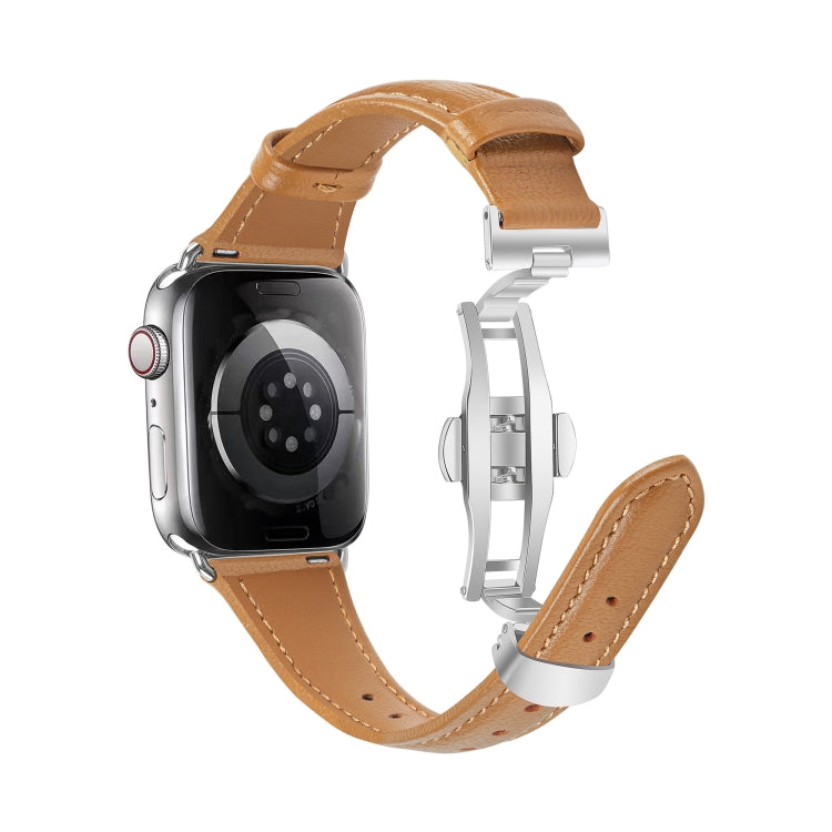 For Apple Watch Series 9 41mm Plain Leather Butterfly Buckle Watch Band(Brown+Silver) - free shipping - PMC TechLife - Order now!