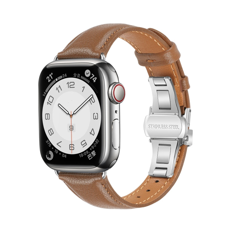 For Apple Watch Series 8 41mm Plain Leather Butterfly Buckle Watch Band(Dark Brown+Silver) - free shipping - PMC TechLife - Order now!