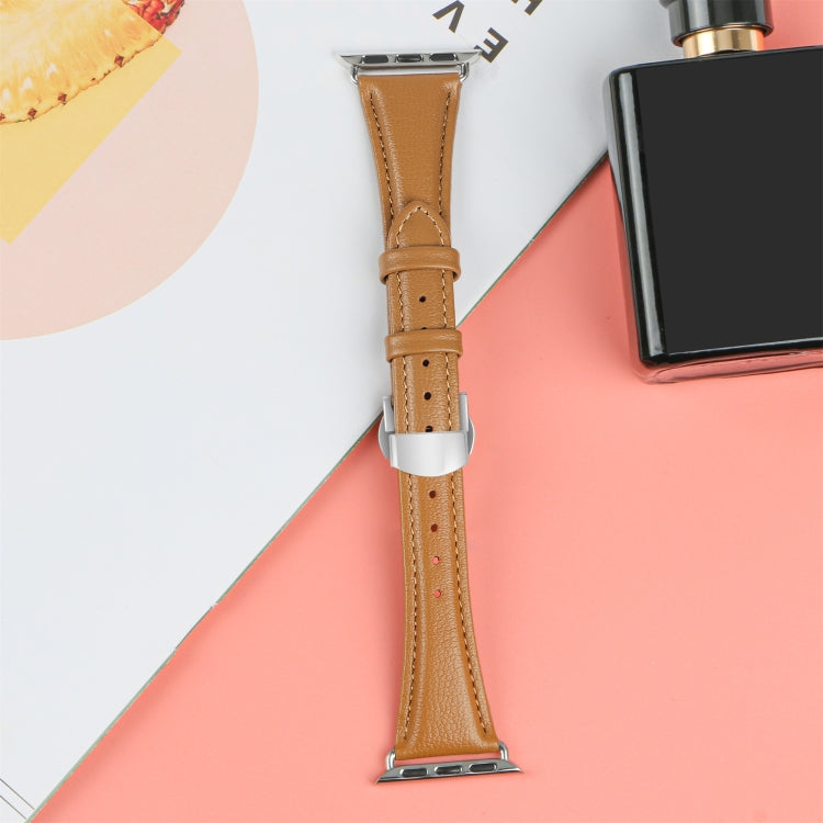 For Apple Watch Series 8 45mm Plain Leather Butterfly Buckle Watch Band(Brown+Silver) - free shipping - PMC TechLife - Order now!