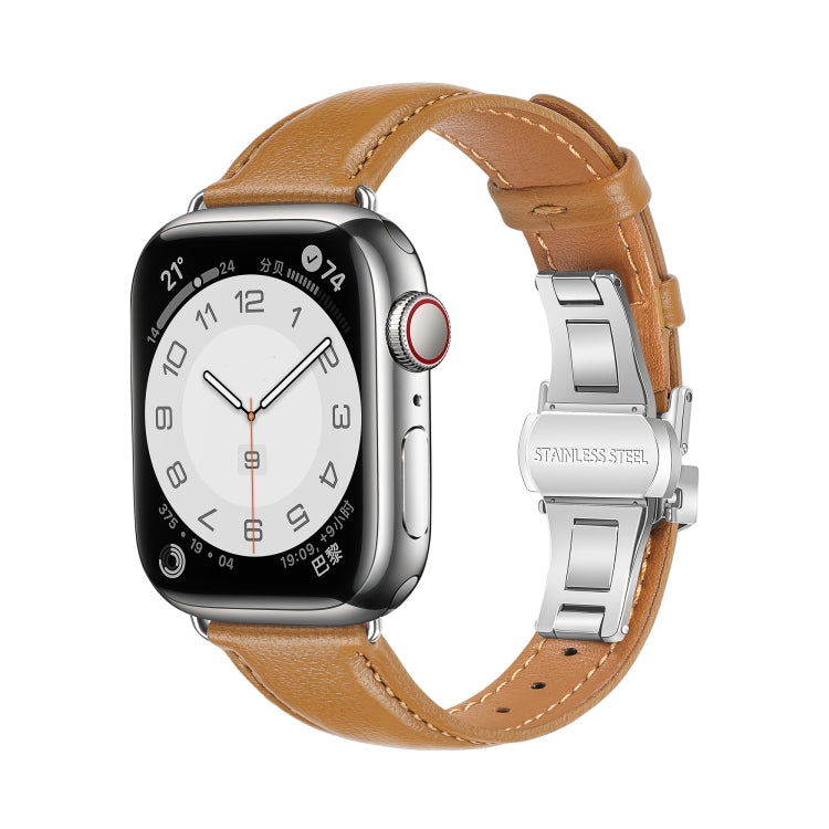 For Apple Watch Series 6 44mm Plain Leather Butterfly Buckle Watch Band(Brown+Silver) - free shipping - PMC TechLife - Order now!