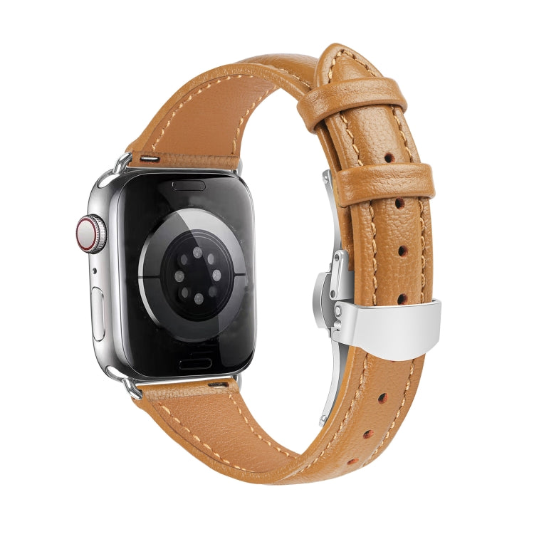 For Apple Watch Series 6 44mm Plain Leather Butterfly Buckle Watch Band(Brown+Silver) - free shipping - PMC TechLife - Order now!