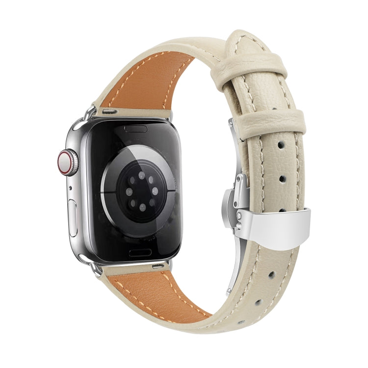 For Apple Watch Series 5 40mm Plain Leather Butterfly Buckle Watch Band(Beige+Silver) - free shipping - PMC TechLife - Order now!