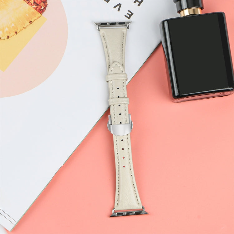 For Apple Watch Series 5 40mm Plain Leather Butterfly Buckle Watch Band(Beige+Silver) - free shipping - PMC TechLife - Order now!