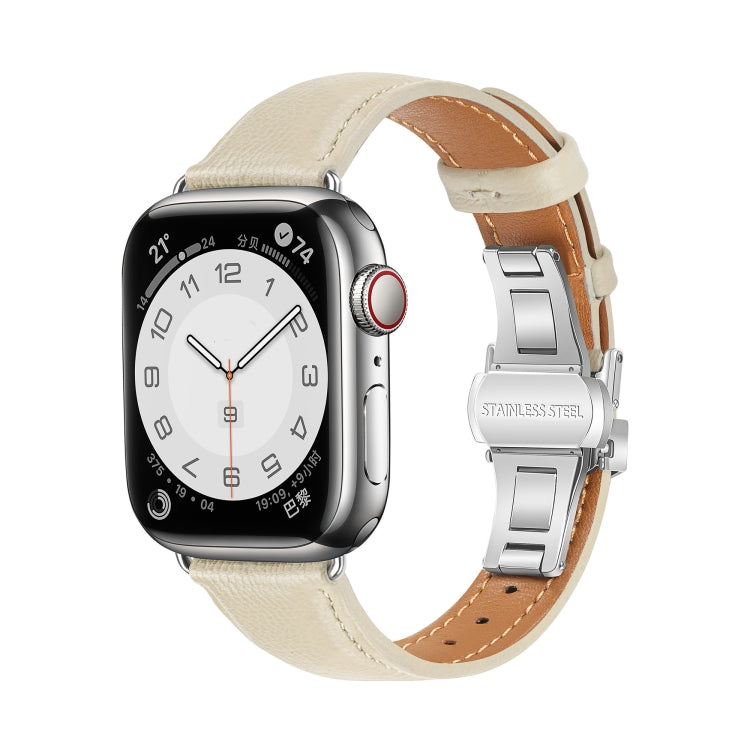 For Apple Watch Series 4 40mm Plain Leather Butterfly Buckle Watch Band(Beige+Silver) - free shipping - PMC TechLife - Order now!