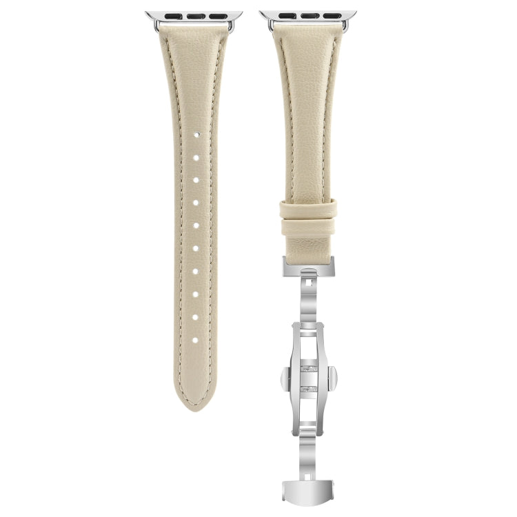 For Apple Watch Series 3 42mm Plain Leather Butterfly Buckle Watch Band(Beige+Silver) - free shipping - PMC TechLife - Order now!