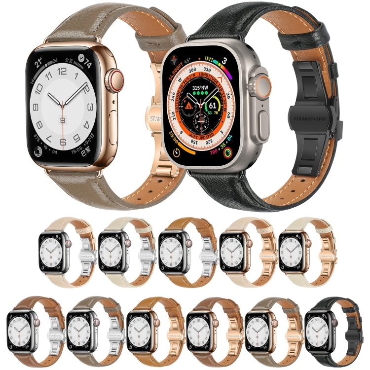 For Apple Watch Series 8 41mm Plain Leather Butterfly Buckle Watch Band(Brown+Silver) - free shipping - PMC TechLife - Order now!
