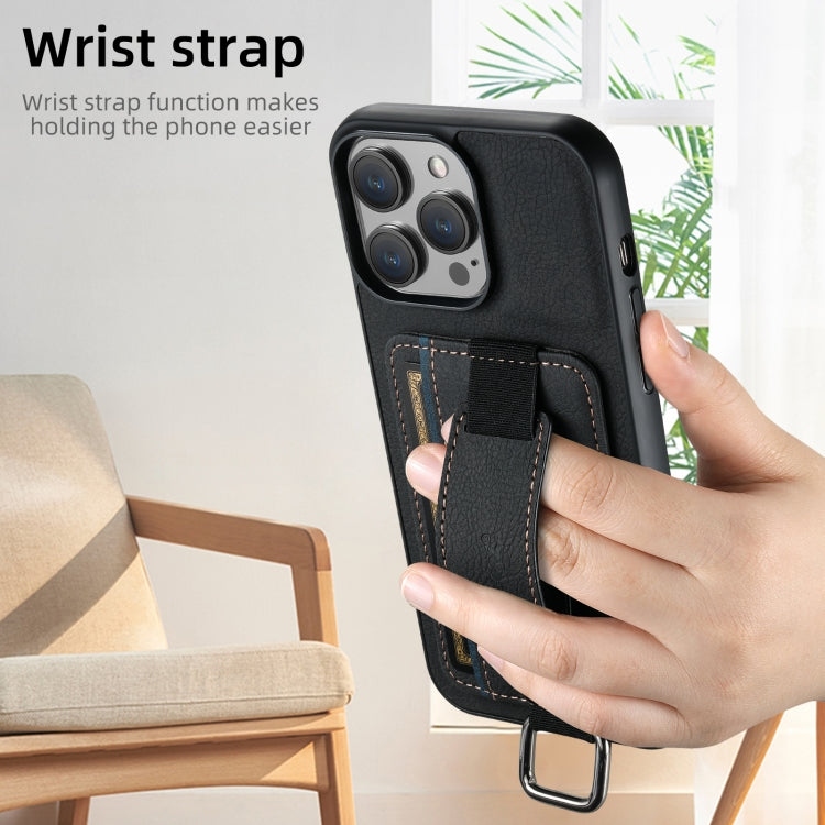 For iPhone 16 Pro Max Suteni H13 Litchi Leather Wrist Strap Wallet Back Phone Case(Black) - iPhone 16 Pro Max Cases by Suteni | Online Shopping South Africa | PMC Jewellery | Buy Now Pay Later Mobicred