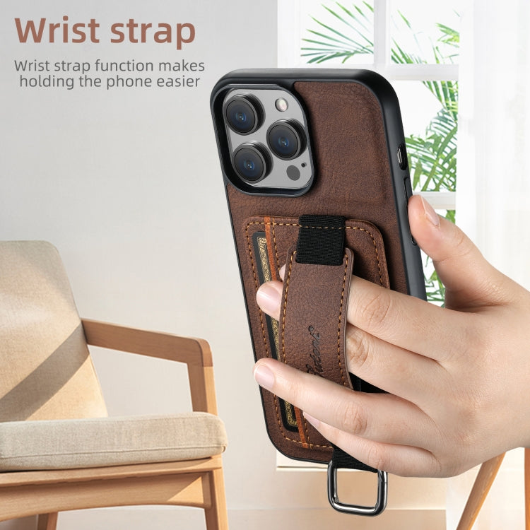 For iPhone 16 Plus Suteni H13 Litchi Leather Wrist Strap Wallet Back Phone Case(Brown) - iPhone 16 Plus Cases by Suteni | Online Shopping South Africa | PMC Jewellery | Buy Now Pay Later Mobicred