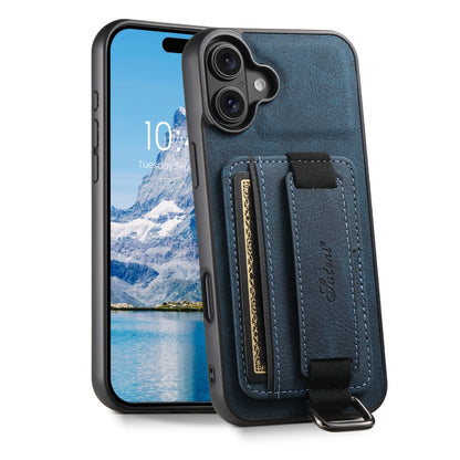 For iPhone 16 Plus Suteni H13 Litchi Leather Wrist Strap Wallet Back Phone Case(Blue) - iPhone 16 Plus Cases by Suteni | Online Shopping South Africa | PMC Jewellery | Buy Now Pay Later Mobicred