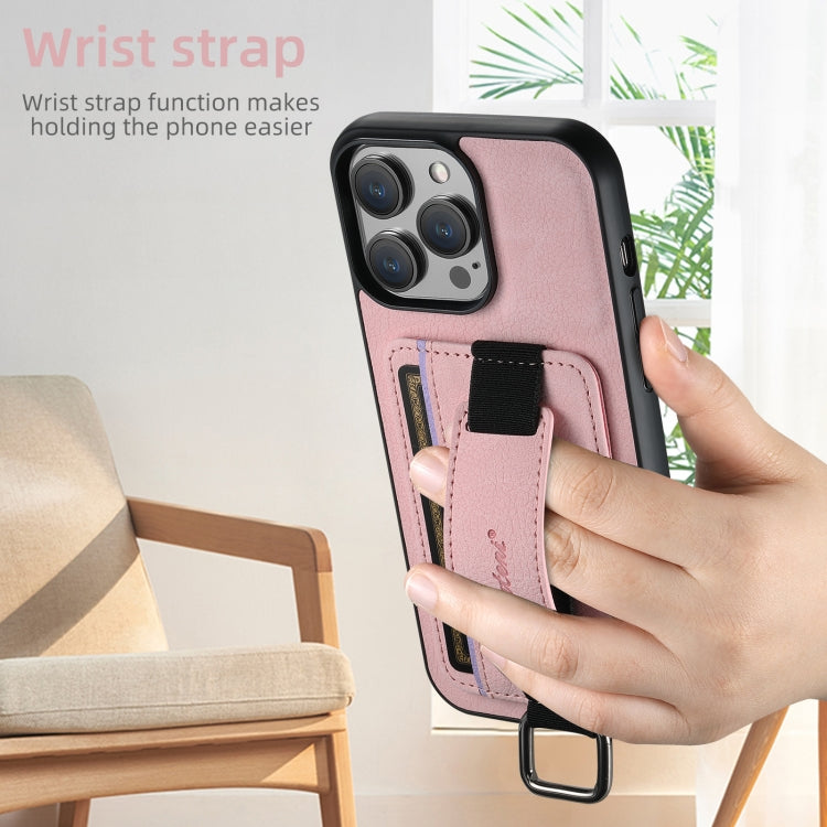 For iPhone 16 Plus Suteni H13 Litchi Leather Wrist Strap Wallet Back Phone Case(Pink) - iPhone 16 Plus Cases by Suteni | Online Shopping South Africa | PMC Jewellery | Buy Now Pay Later Mobicred