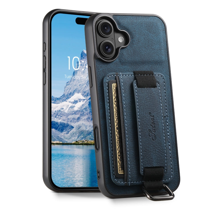 For iPhone 16 Suteni H13 Litchi Leather Wrist Strap Wallet Back Phone Case(Blue) - iPhone 16 Cases by Suteni | Online Shopping South Africa | PMC Jewellery | Buy Now Pay Later Mobicred